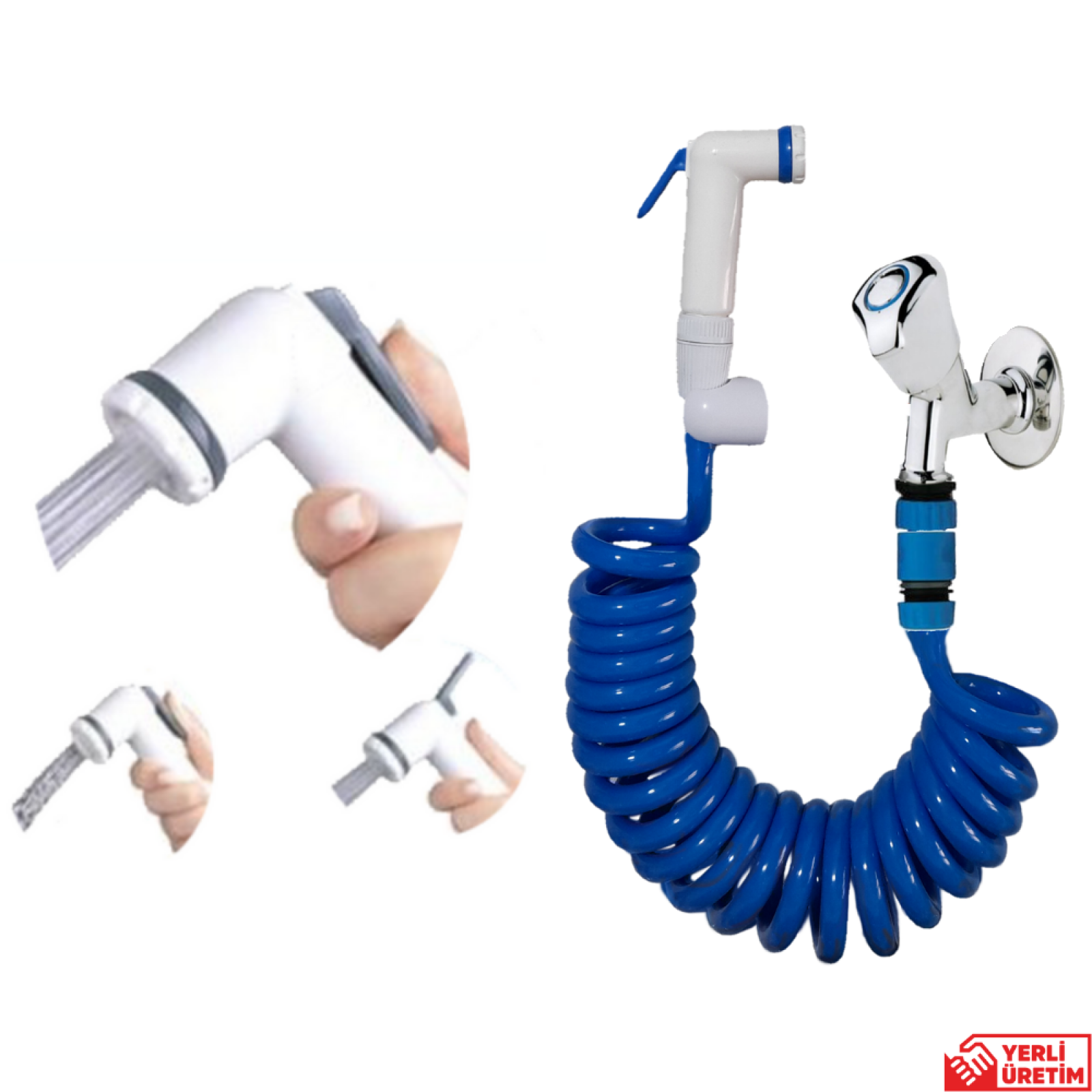 Plasyay Spiral Mandallı Şattaf (Bide) Başlıklı Sulama Yıkama Musluk Adaptörlü Set Mavi 2 Metre