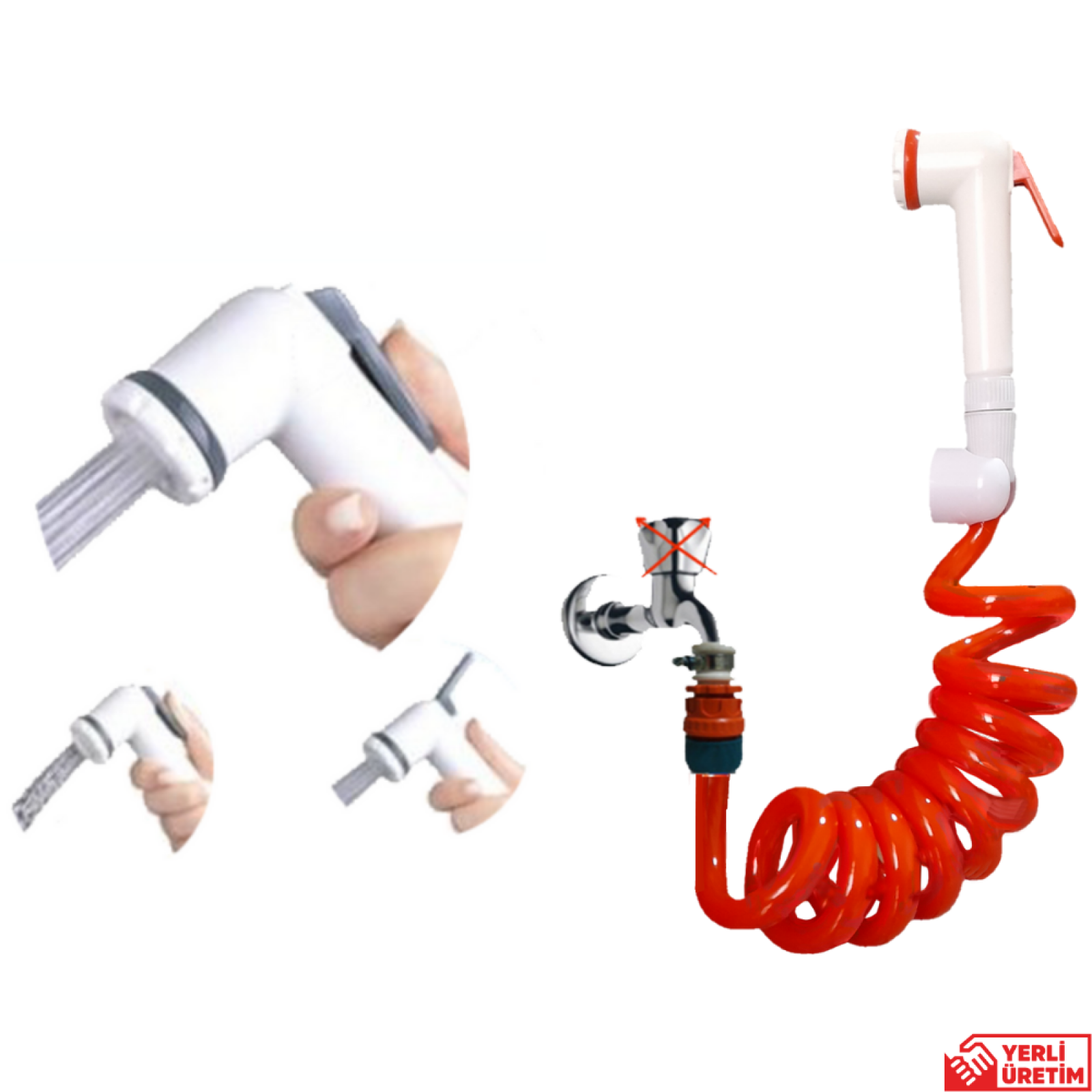 Plasyay Spiral Mandallı Şattaf Başlıklı Sulama Yıkama Kelepçe Adaptörlü Set Turuncu 4 Metre