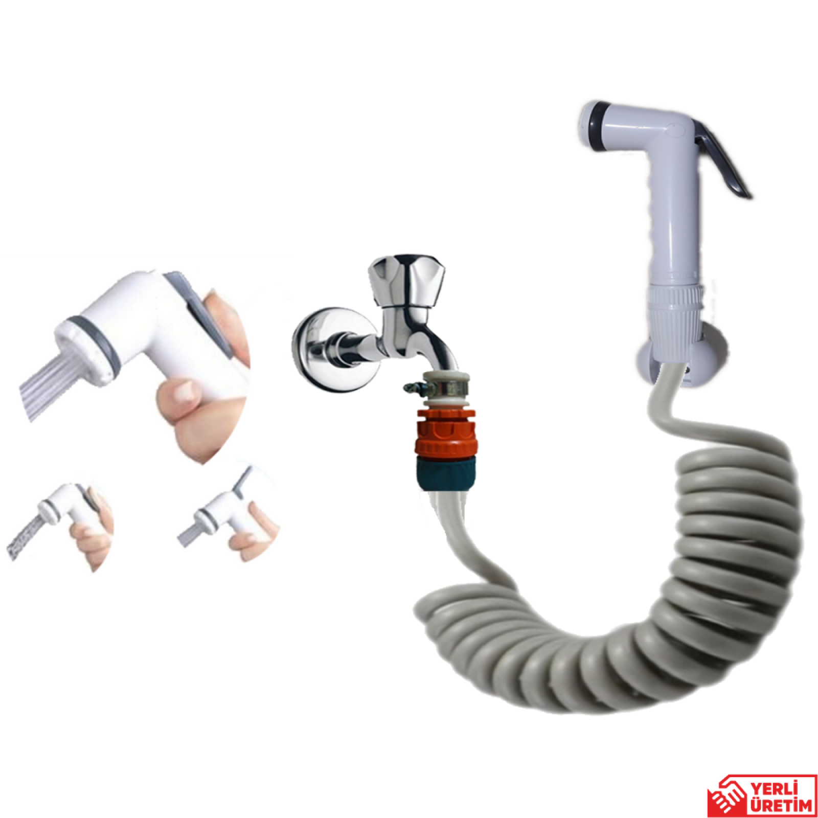 Plasyay Spiral Mandallı Şattaf (Bide) Başlıklı Sulama Yıkama Kelepçe Adaptörlü Set Gri 2 Metre