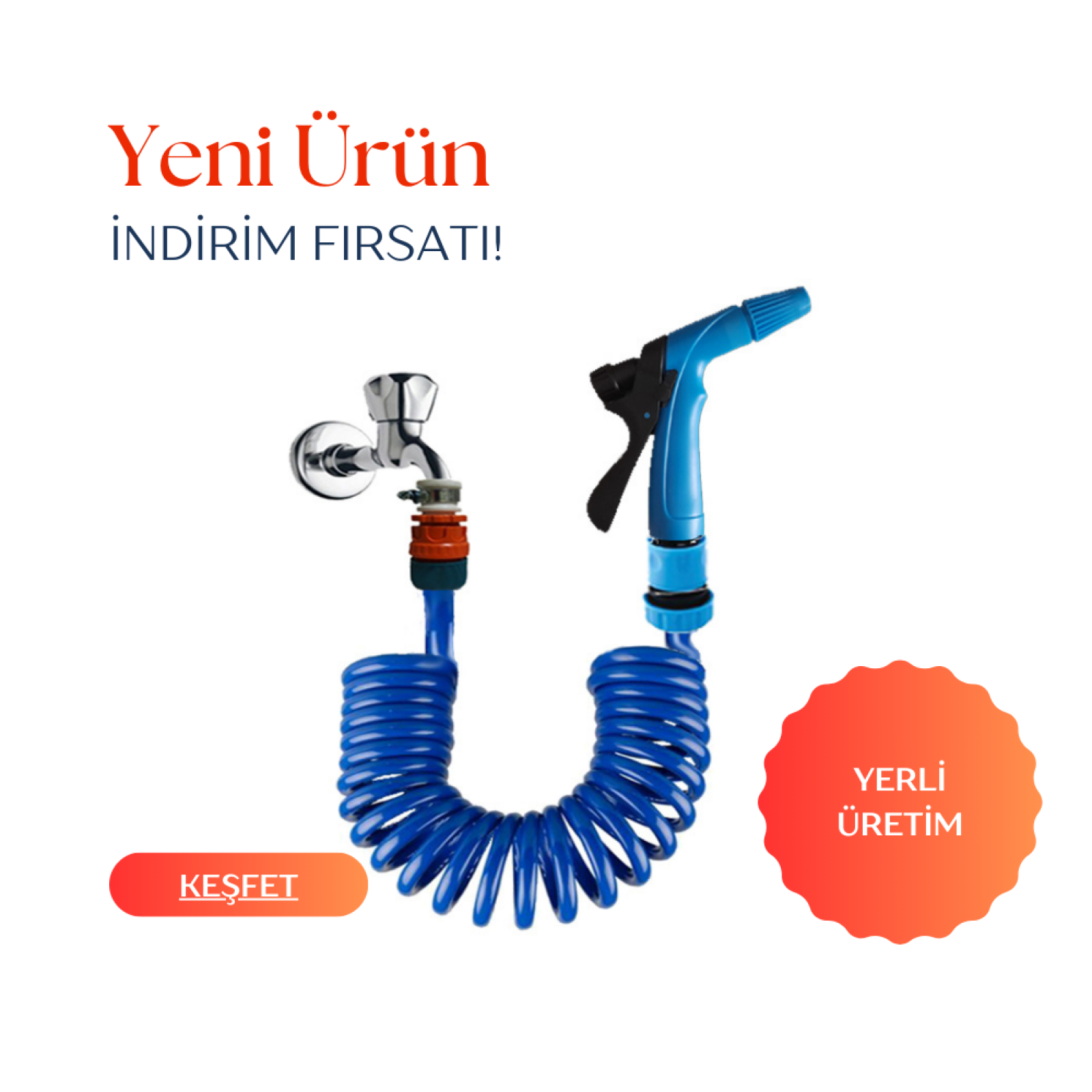 Plasyay Spiral Yıkama Sulama Hortumu Kelepçe Adaptörlü Fiskiye Başlıklı Set 3 Metre Mavi