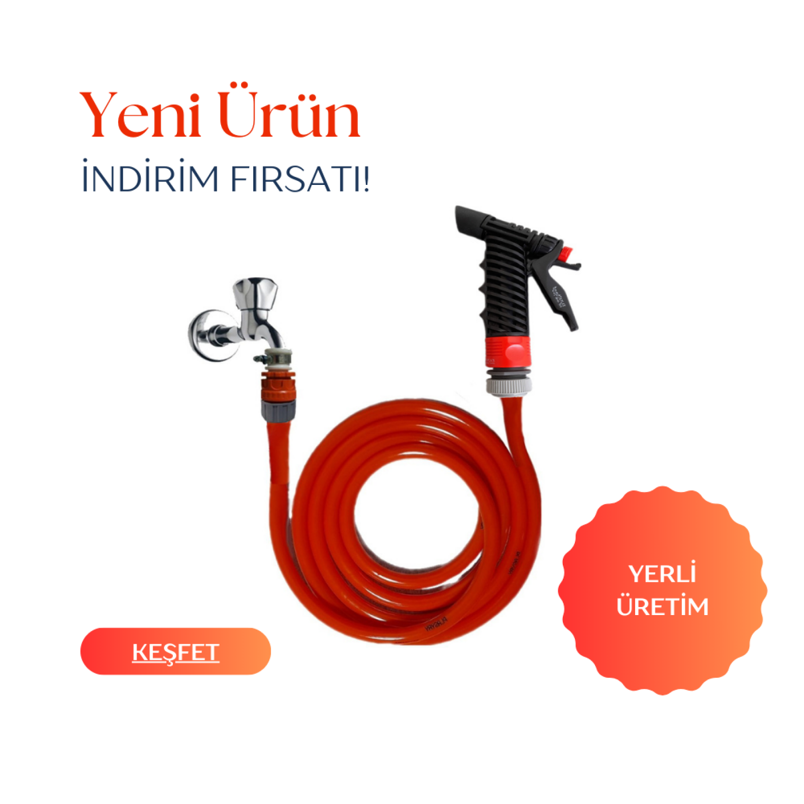 Plasyay Düz Sulama Yıkama Hortum Kelepçe/Musluk Adaptörlü ve Tetik Başlıklı 2.5 Metre Setler