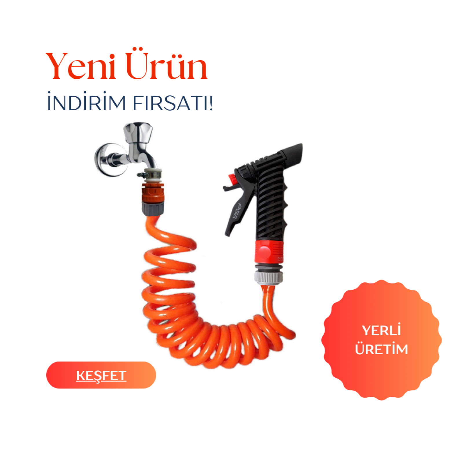 Plasyay Spiral Yıkama Sulama Hortumu ve Tetikli Sibop Başlıklı Set 1.5 Metre Turuncu