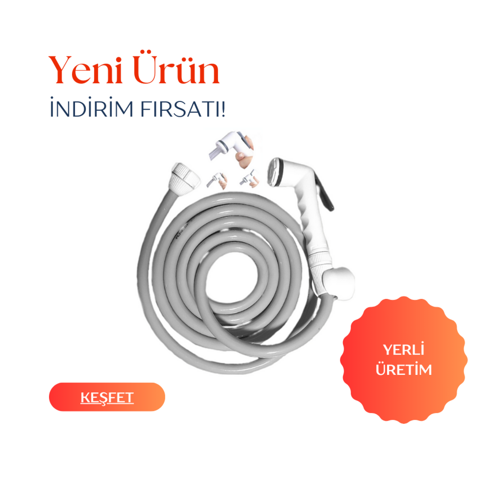 Plasyay Yerli Düz Tekne Yat Karavan İç Duş Dış Duş Yıkama ve Sulama Şattaf (bide) Başlıklı Set 7.5 Metre Gri