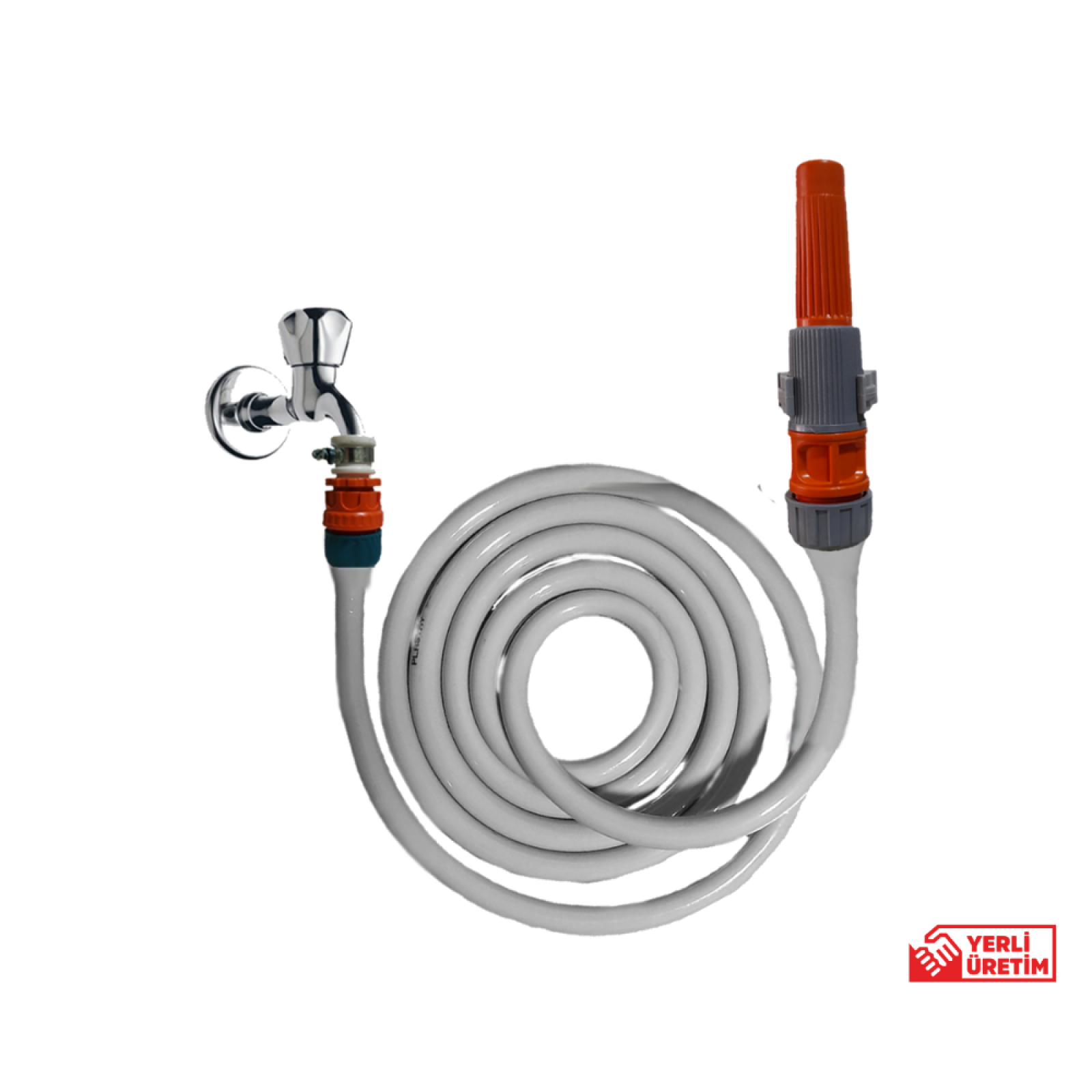 Plasayay Yerli Düz Sulama ve Yıkama Hortum Kelepçe Adaptörlü Lans (nozul) Başlıklı 30 Metre Set Gri