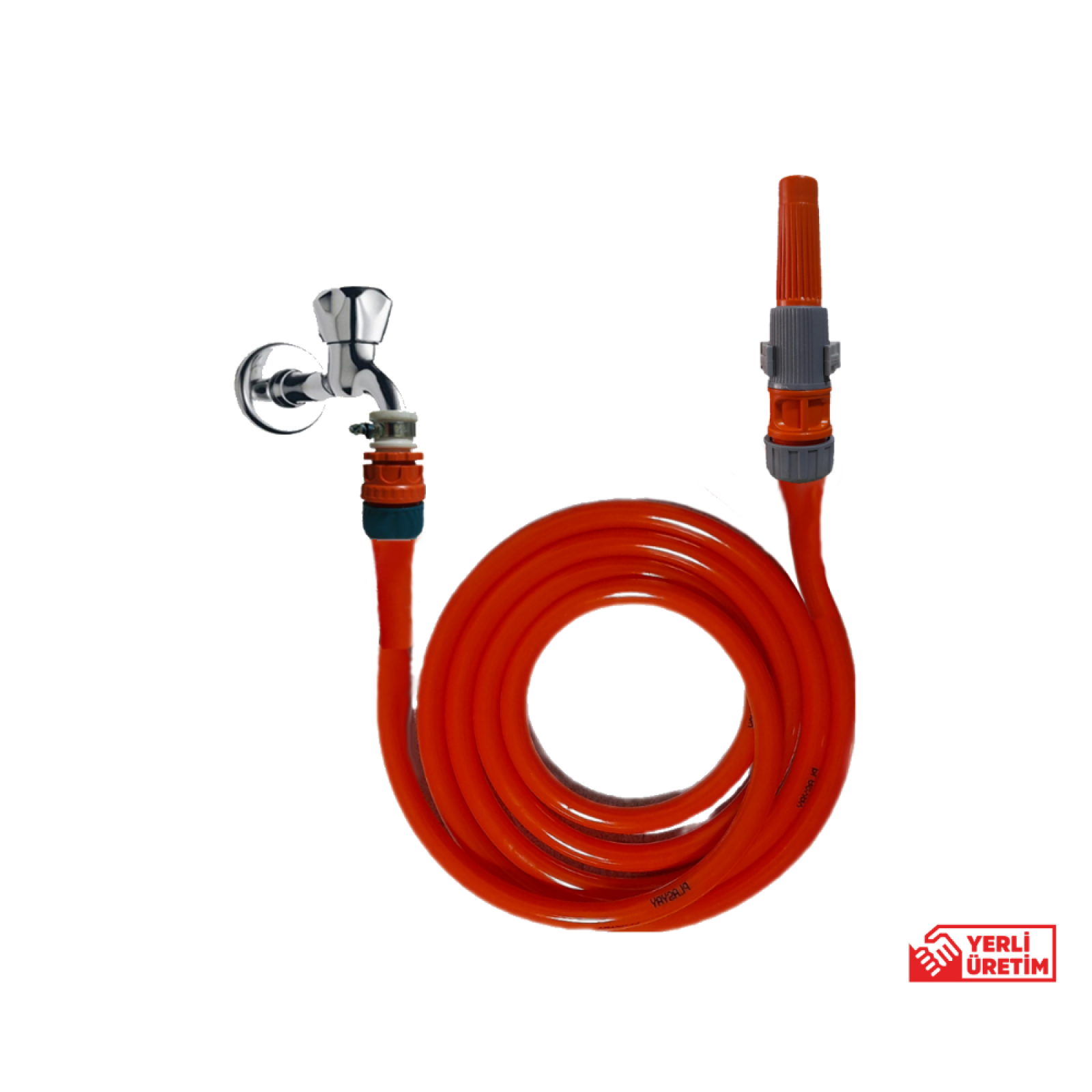 Plasayay Yerli Düz Sulama ve Yıkama Hortum Kelepçe Adaptörlü Lans (nozul) Başlıklı 50 Metre Set Turuncu
